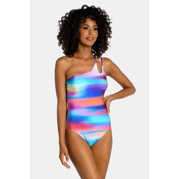 LA Blanca Sunset Shores One-Shoulder Strappy One-Piece Swimsuit Tummy Control Si - Picture 1 of 10